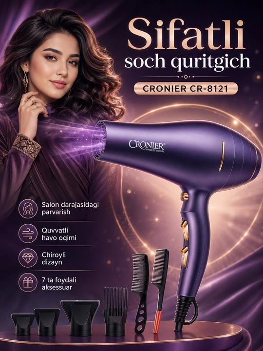 CRONIER CR-8121 professional soch quritgich fen, 3 harorat, 2 tezlik, 7 in 1