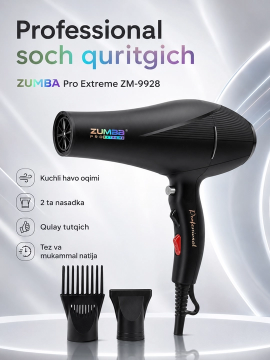 ZUMBA Pro Extreme ZM-9928 professional soch quritgich fen, 2 ta nasadkali - 