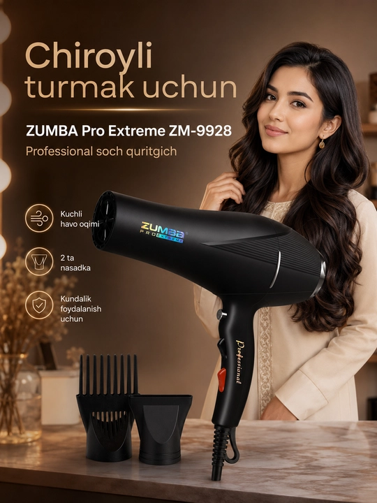 ZUMBA Pro Extreme ZM-9928 professional soch quritgich fen, 2 ta nasadkali