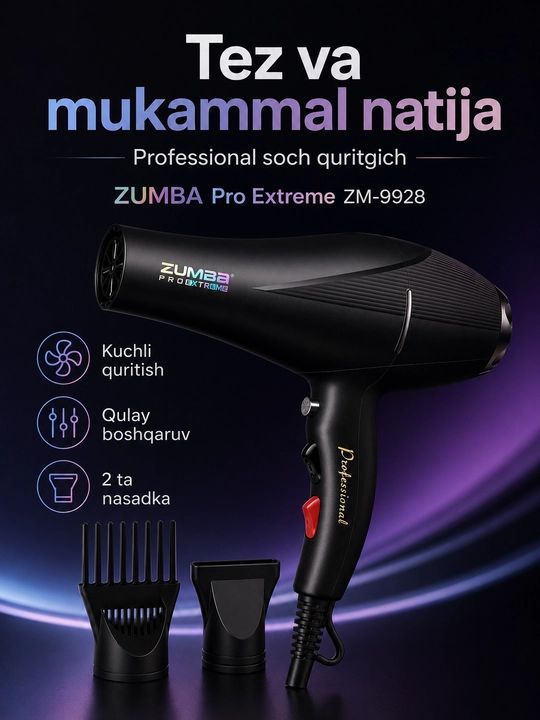 ZUMBA Pro Extreme ZM-9928 professional soch quritgich fen, 2 ta nasadkali
