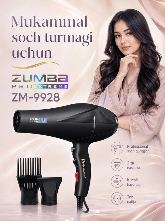 ZUMBA Pro Extreme ZM-9928 professional soch quritgich fen, 2 ta nasadkali