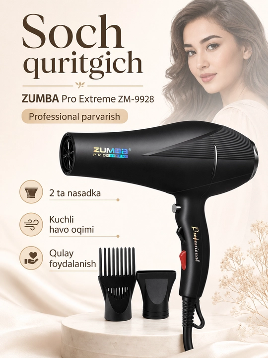ZUMBA Pro Extreme ZM-9928 professional soch quritgich fen, 2 ta nasadkali