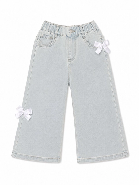 Qiz bolalar uchun kashtali keng jinsi shim och ko‘k rangli qulay va zamonaviy denim shim - 