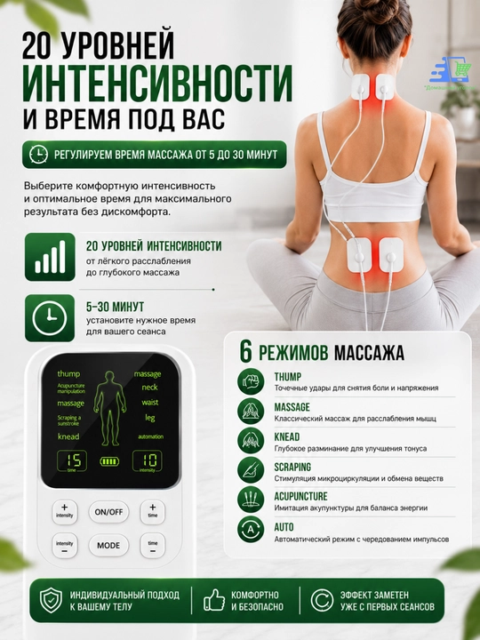 Импульсный массажер EMS TENS для шеи, спины, поясницы и ног, 20 уровней, Type-C