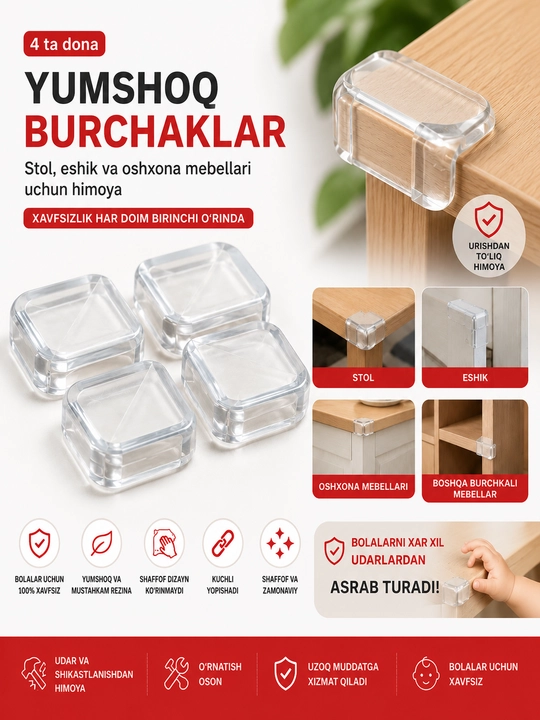 Mebel uchun himoya burchaklari, 4 dona, o‘zi yopishadigan silikon eshik burchak, - 