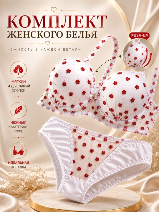 Комплект женского белья Push-Up, бюстгальтер с цветочным узором и трусики, изящный дизайн - 