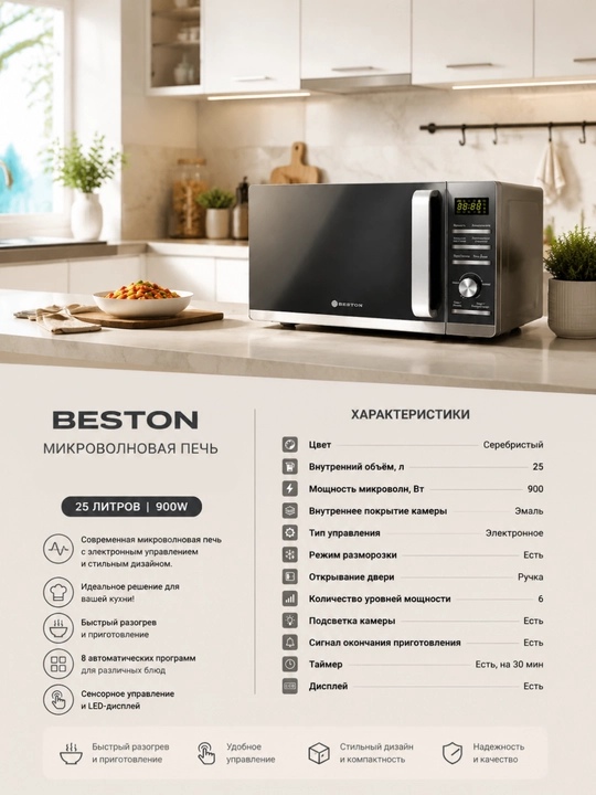 BESTON Mikroto'lqinli pech 23L, 800W, sensorli boshqaruv