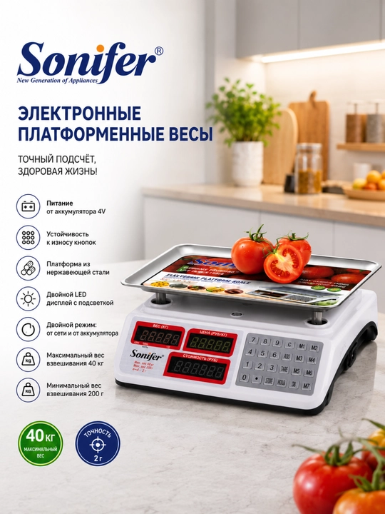 Электронные торговые весы Sonifer 40 кг – LCD-дисплей, платформа из нержавеющей стали - 