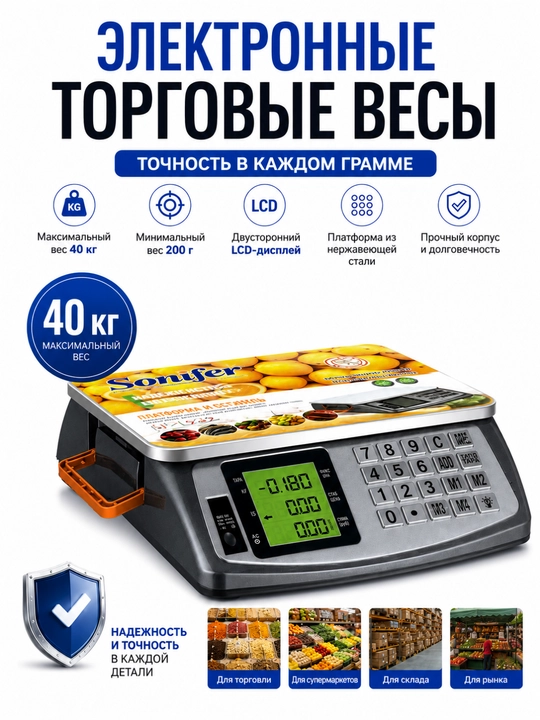 Sonifer 40 kg elektron savdo tarozisi – LCD displeyli, zanglamaydigan platforma