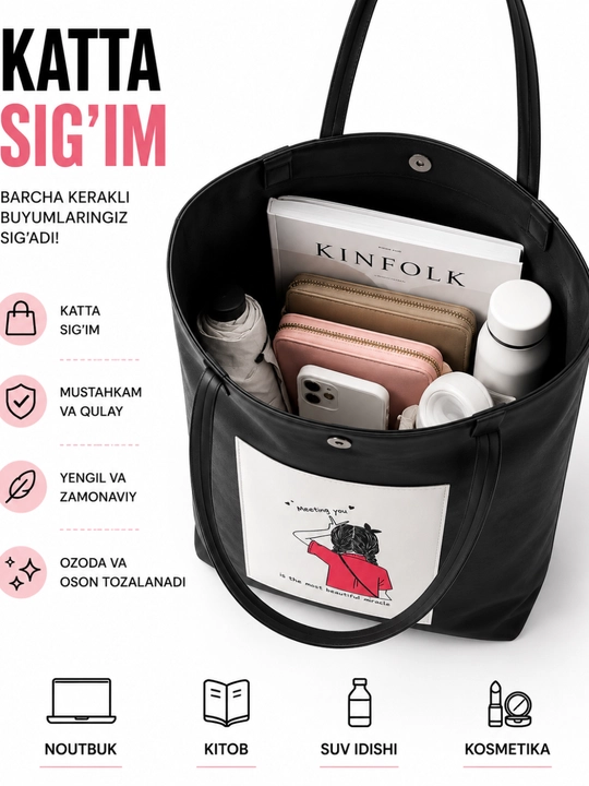 Ayolar uchun sumka, shopper koja matoli katta sig'imli sumka