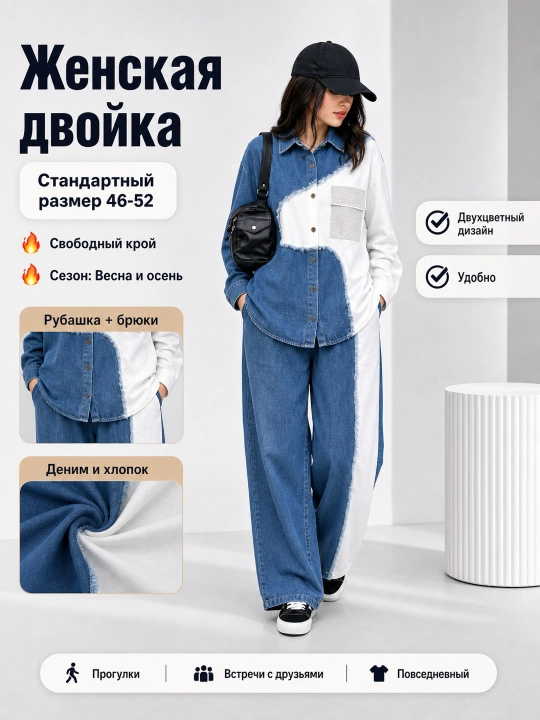 Женский костюм-двойка: рубашка и широкие брюки, современный женский комплект - 