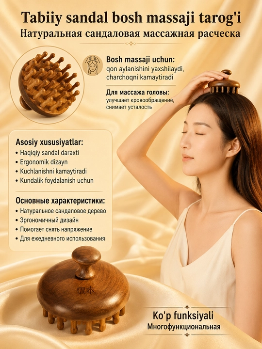 Массажер для головы деревянный — массажная расческа для волос, щетка антистресс