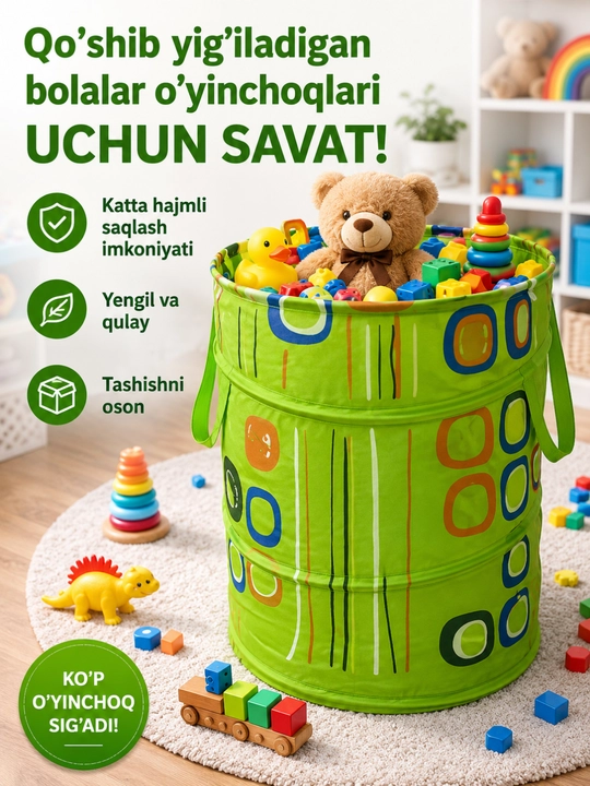 Bolalar o‘yinchoqlarini saqlash uchun buklama savat