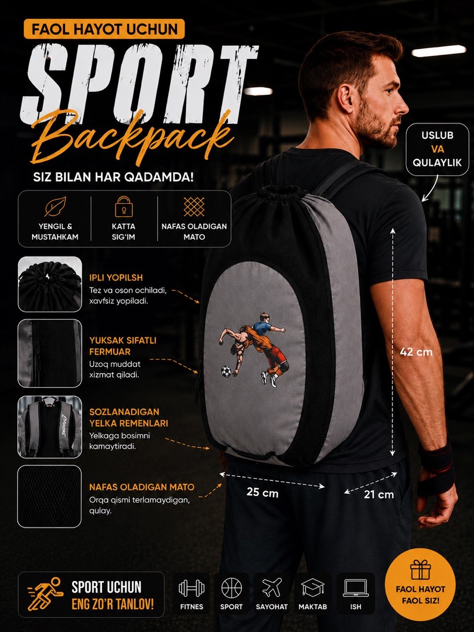 Sport turlari, sayohat, fitnes va kundalik foydalanish sumkasi - 