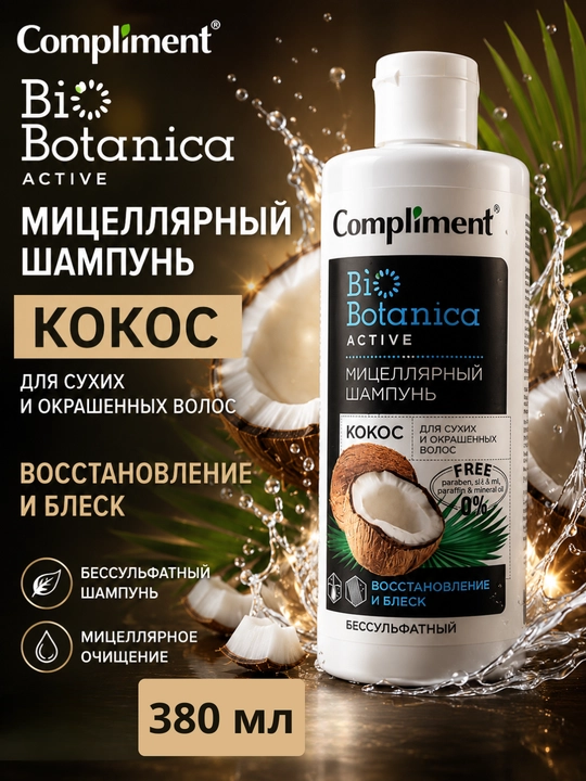 Бессульфатный, мицеллярный шампунь для волос и кожи головы Compliment, 380 мл - 