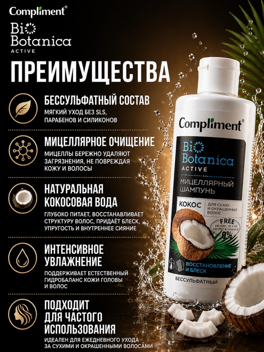 Soch va bosh terisi uchun sulfatsiz, mitsellyar shampun, Compliment 380 ml