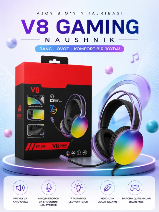 V8 Gaming стерео игровые наушники с микрофоном RGB LED для ПК, ноутбука и смартфона - 