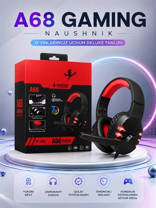 A68 Gaming стерео игровые наушники с микрофоном RGB LED для ПК, ноутбука и смартфона - 
