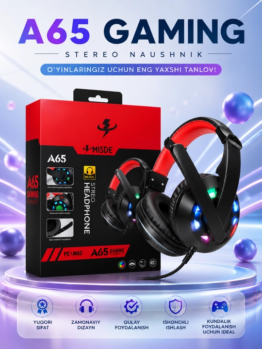 A65 Gaming стерео игровые наушники с микрофоном RGB LED для ПК, ноутбука и смартфона - 