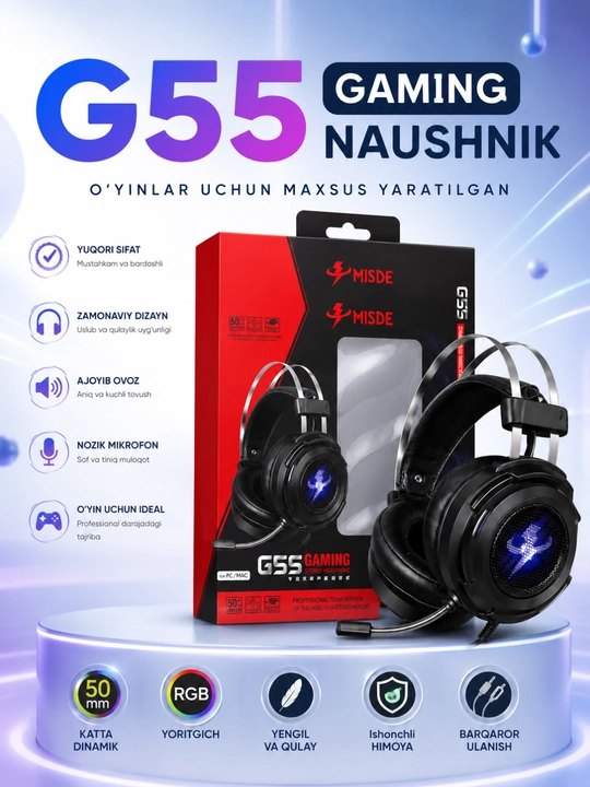 Игровые стерео наушники MISDE G55 с RGB LED, микрофоном для ПК и Mac - 