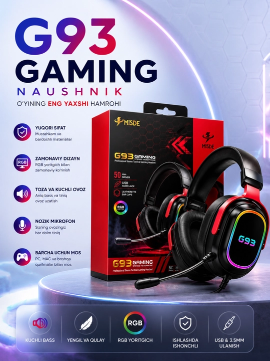 Игровые стерео наушники MISDE G93 с RGB, микрофоном для ПК, Mac и ноутбука - 