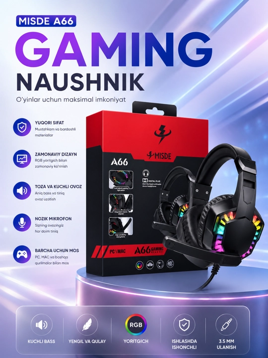 Игровые стерео наушники MISDE A66 с RGB, микрофоном для ПК, Mac и ноутбука - 