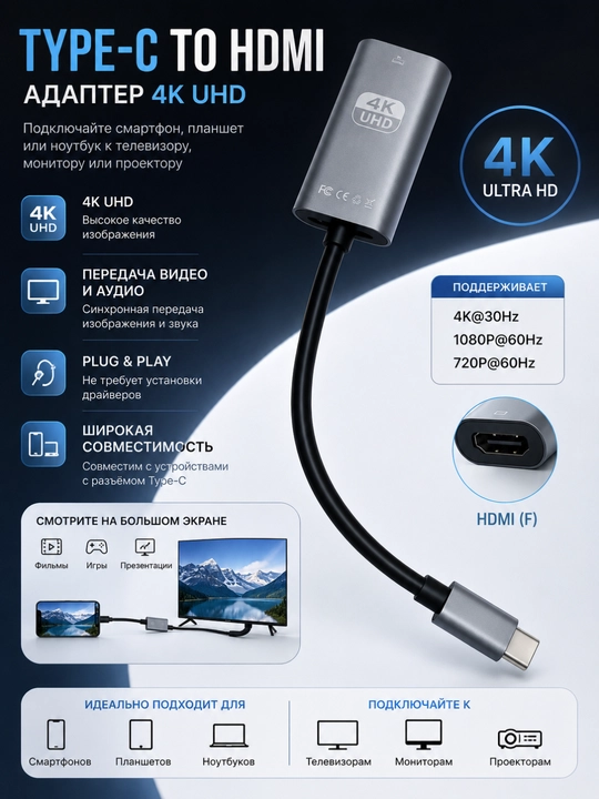 Адаптер USB - C, HDMI, 4K 30 Hz, высокоскоростной адаптер - 