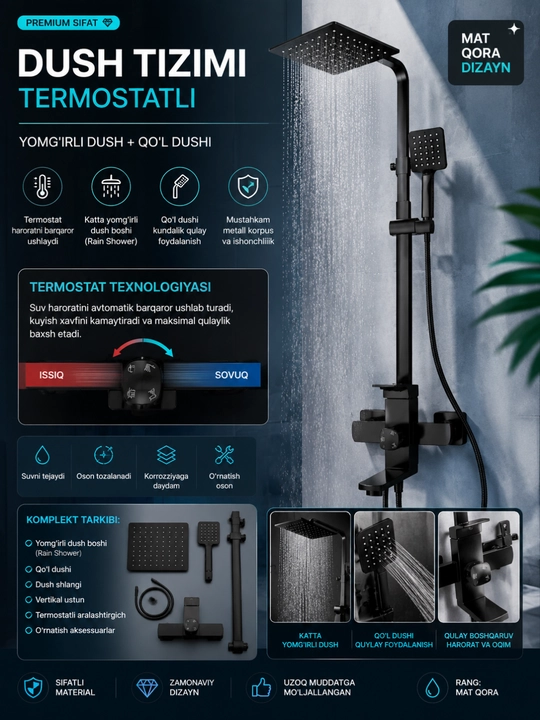 Mat qora termostatli dush tizimi – Yomg'irli (Rain) dush to'plami, qo'l dushi bilan - 
