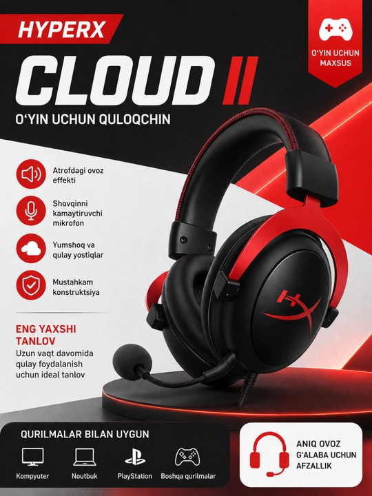 HyperX Cloud II simli geymer quloqchini, mikrofonli, kompyuter va PlayStation uchun - 