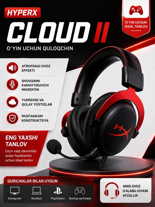 HyperX Cloud II simli geymer quloqchini, mikrofonli, kompyuter va PlayStation uchun