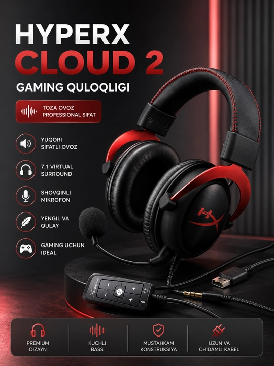 HyperX cloud 2, игровая гарнитура с микрофоном стерео для ПК, PS5, Xbox, ноутбука - 
