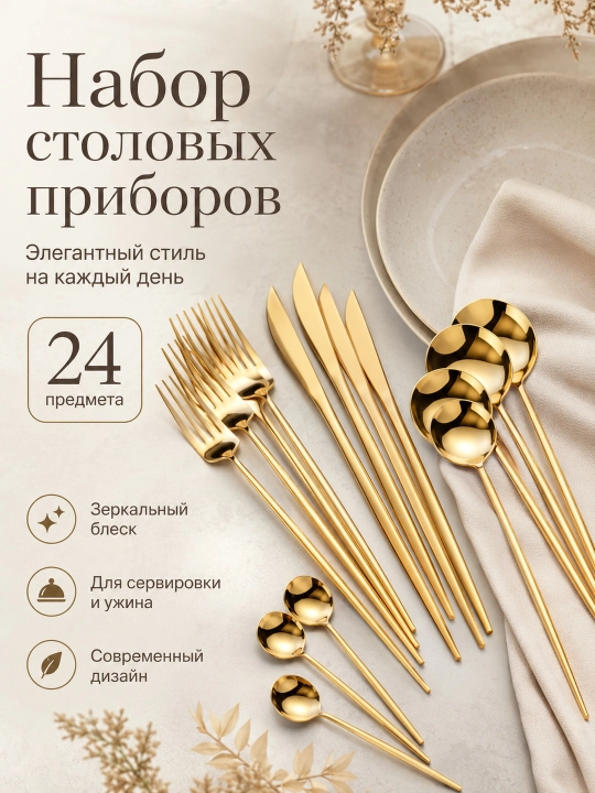 Набор столовых приборов 24 предмета: ложки, вилки, ножи и чайные ложки