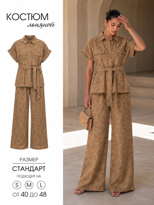Женский костюм с поясом и широкими брюками - 