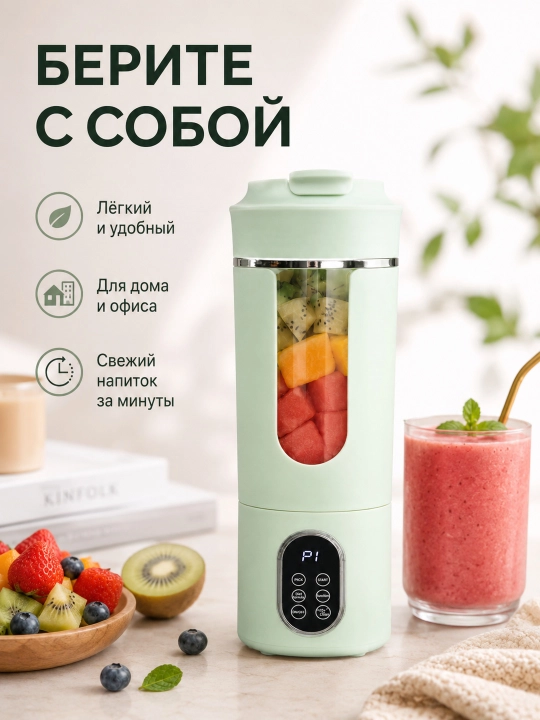 Портативный блендер для смузи, 12 лезвий, 4 режима, таймер, 500 мл