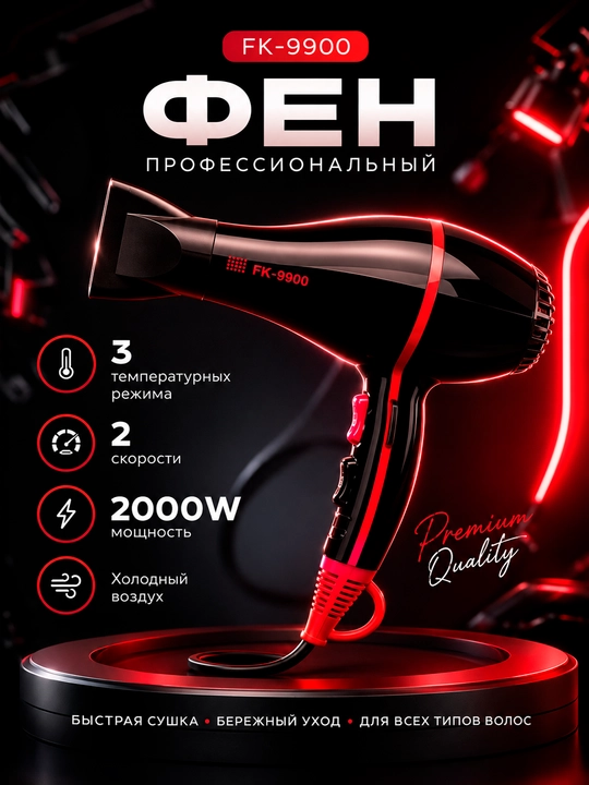 Фен FaKang FK-9900 для волос, 3000 Вт, ионизация, 2 насадки - 