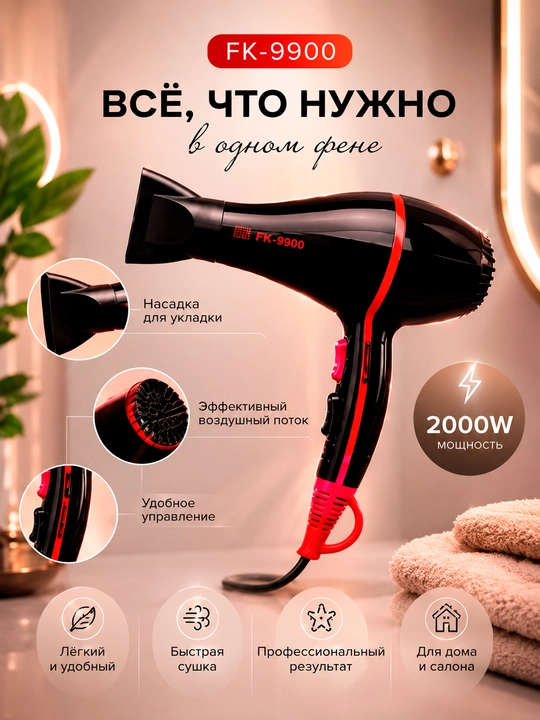 Soch uchun FaKang FK-9900 fen, 3000 Vt, ionizatsiyalovchi, 2 ta nasadka