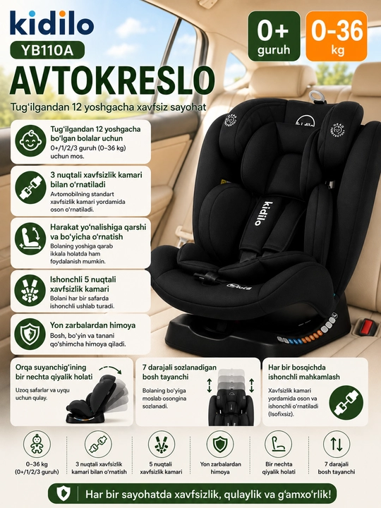 Автокресло Kidilo Isofix, 0-12 лет