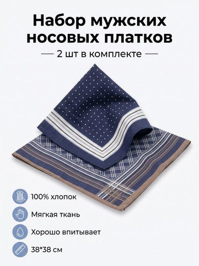 Носовой платок, для мужчин, для женщин и детей, 2, 3 шт в наборе, набор подарочный, 100% хлопок — HOMEУЮТ-НОСПЛАТОК-СИНИЙ