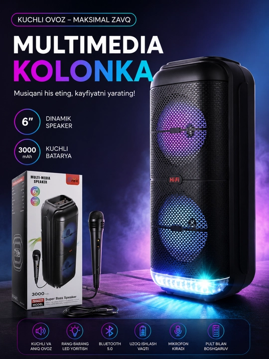 Премиальная Bluetooth караоке-колонка 3000W с RGB LED, микрофоном и поддержкой USB/TF - 