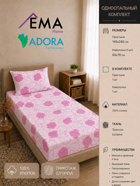 100% paxtali bir kishilik trikotaj (suprem) choyshablar to‘plami 145×240 sm - 