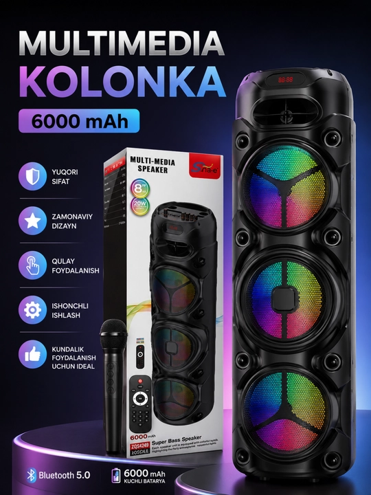 Премиальная Bluetooth караоке-колонка 6000W с беспроводным микрофоном и пультом - 