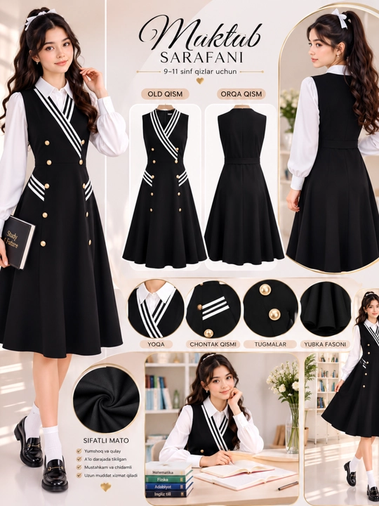 Qizlar maktab sarafani, uzun qora forma, klassik, 7–11 sinf, premium - 