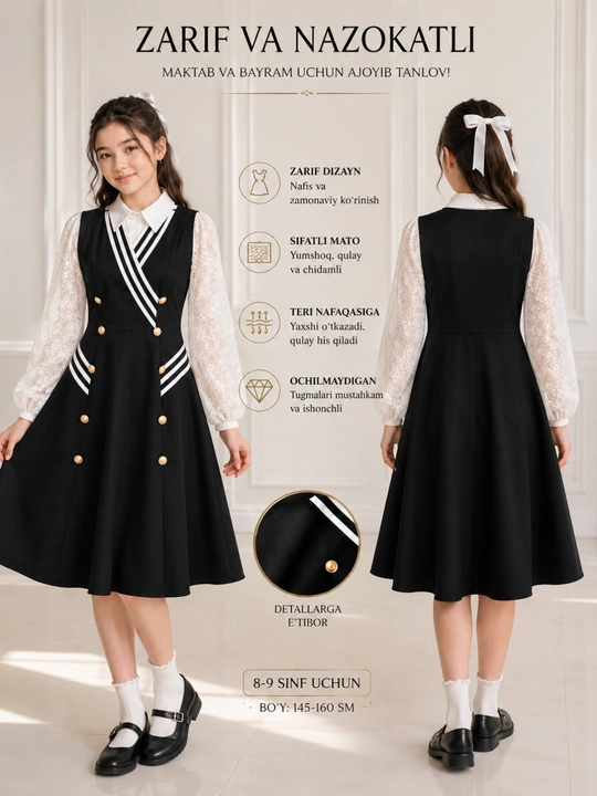 Qizlar maktab sarafani, uzun qora forma, klassik, 7–11 sinf, premium