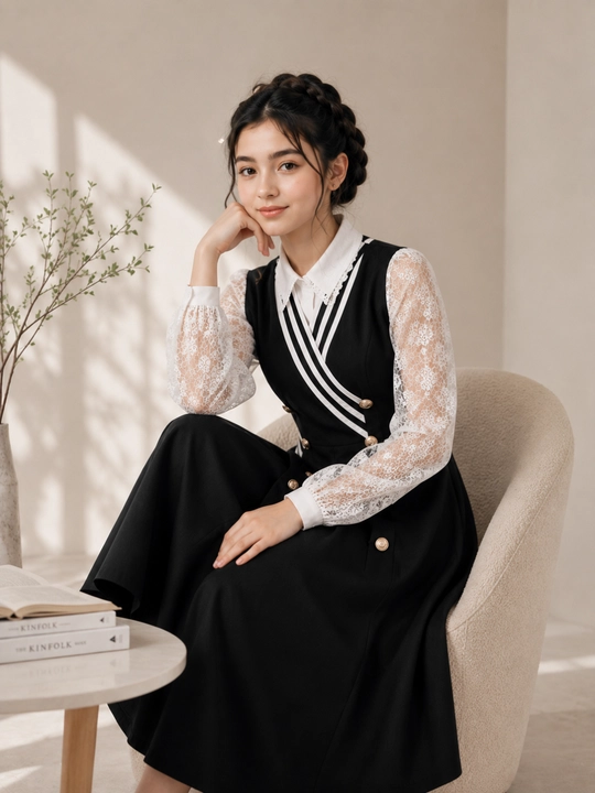 Qizlar maktab sarafani, uzun qora forma, klassik, 7–11 sinf, premium