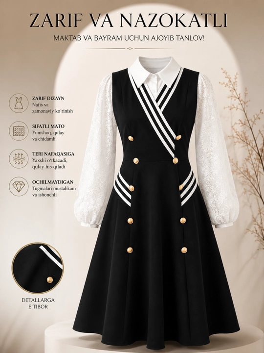 Qizlar maktab sarafani, uzun qora forma, klassik, 7–11 sinf, premium