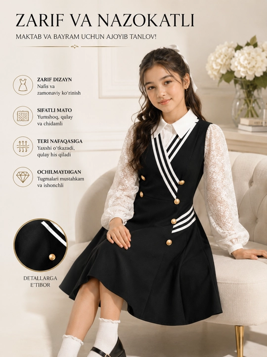 Qizlar maktab sarafani, uzun qora forma, klassik, 7–11 sinf, premium