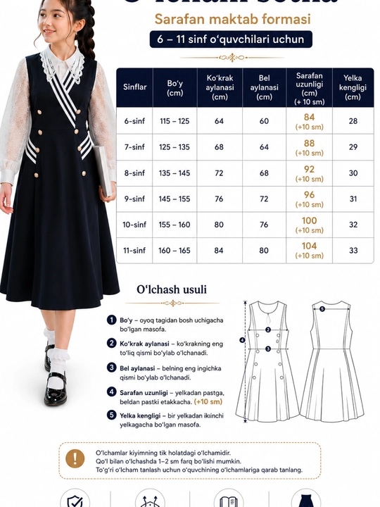 Qizlar maktab sarafani, uzun qora forma, klassik, 7–11 sinf, premium