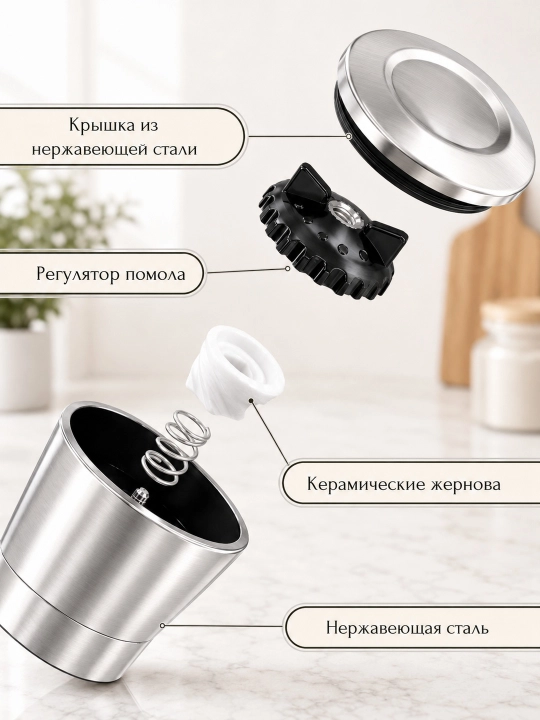 Мельница ручная для соли и перца, стекло, керамические жернова