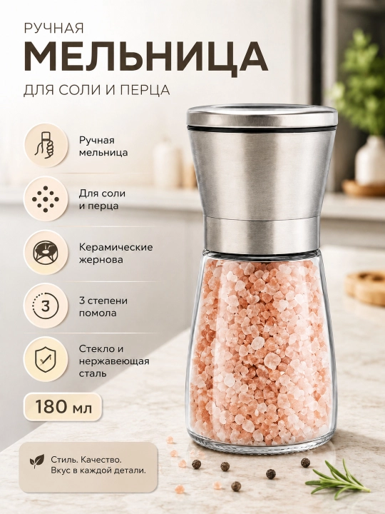 Мельница ручная для соли и перца, стекло, керамические жернова - 