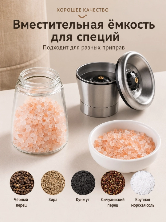 Мельница ручная для соли и перца, стекло, керамические жернова